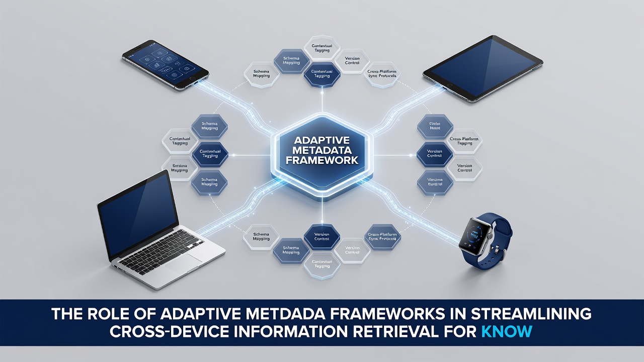 Diagram depicting metadata adaptation across laptops, tablets, and mobile phones for knowledge workers in collaborative environments
