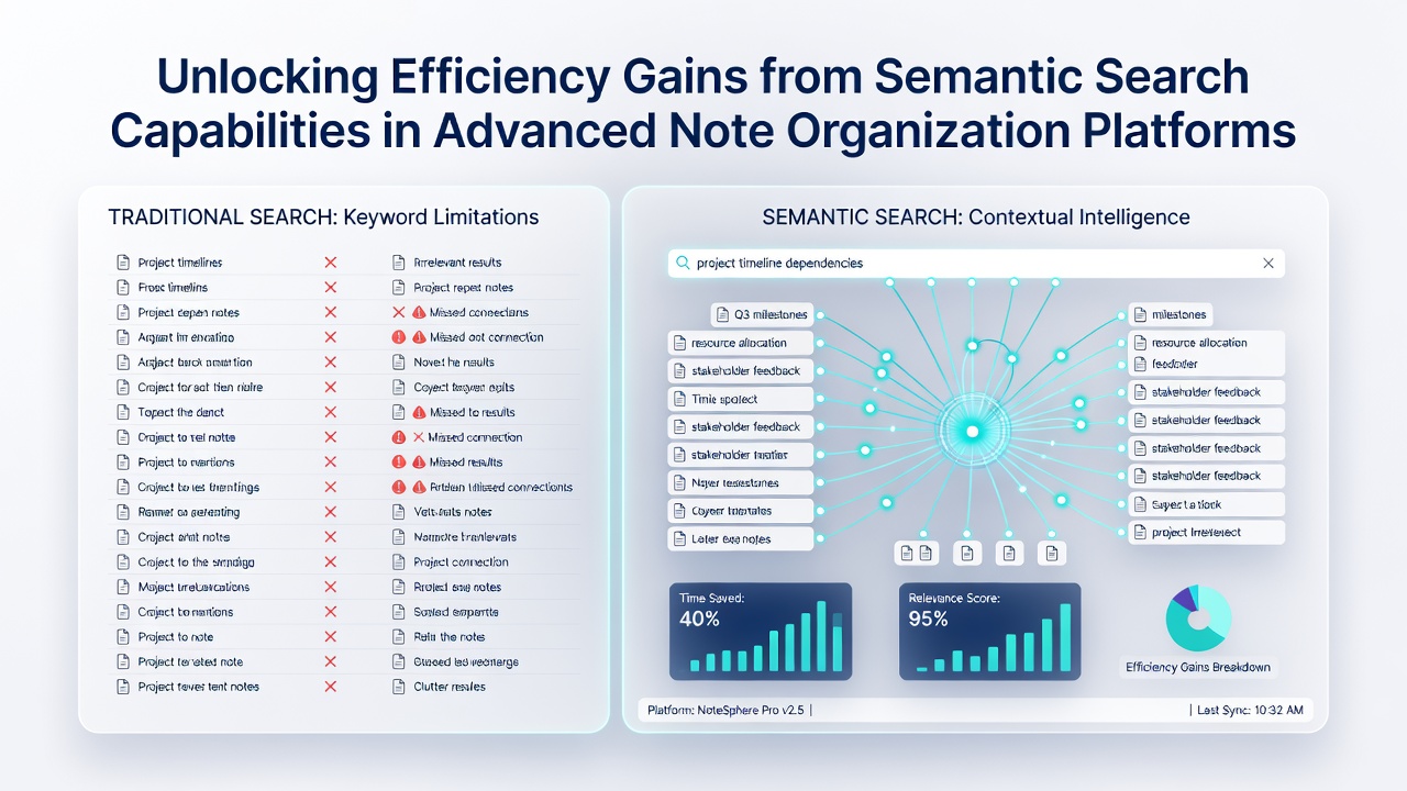Dashboard view showing efficiency metrics and search analytics within a note organization platform